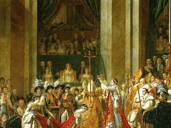 Joséphine kneels before Napoleon during his coronation at Notre Dame. Behind him sits pope Pius VII. PARIS BY EMY private tour